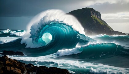 Powerful ocean wave, turquoise,  dramatic curl, coastal landscape