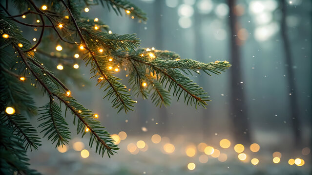 Enchanting Winter Scene Evergreen Boughs Adorned with Twinkling Fairy Lights in a Snowy Forest Ambiance