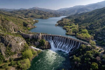 Aerial view of a dam cascading water into a reservoir
