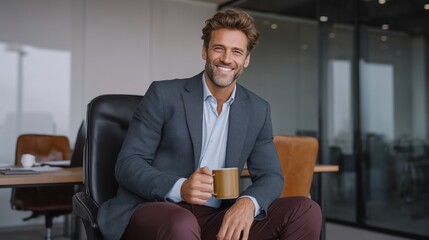 Smiling Businessman Holding Coffee in Modern Office