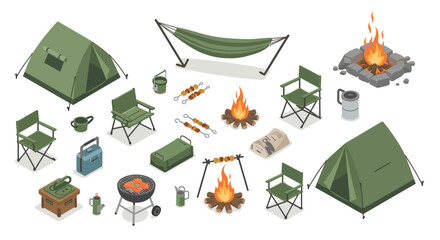 Camping equipment collection: tents, campfire, grill, chairs, and gear in isometric style