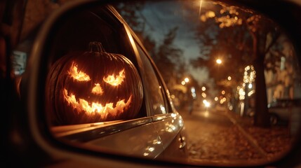 Spooky jack-o-lantern glows inside car window on a festive illuminated Halloween night street