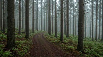 Naklejka premium Misty Forest Pathway Surrounded by Tall Pine Trees