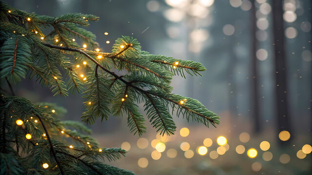 Festive Evergreen Branch Adorned with Twinkling Lights in a Misty Forest Setting