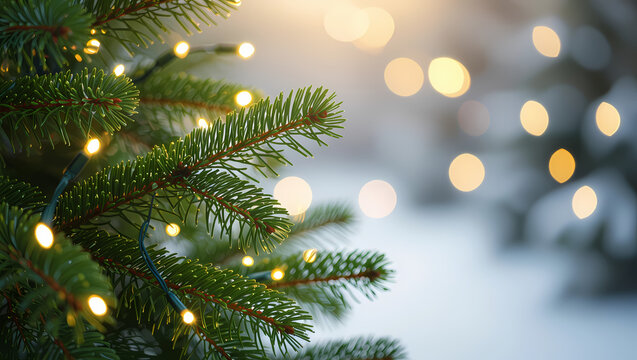Festive Christmas Tree with Warm Bokeh Lights for Holiday Season Backgrounds and Celebratory Designs, Evoking the Joy of Christmas