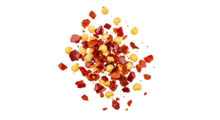 A macro top-down view of a pile of crushed red chili pepper flakes with seeds.