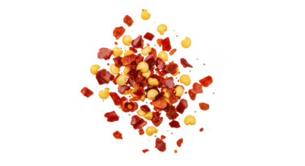 A macro top-down view of a pile of crushed red chili pepper flakes with seeds.