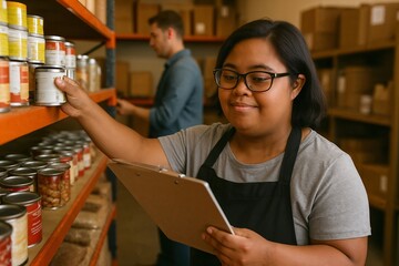 Woman with Down syndrome working in warehouse checking inventory and holding clipboard