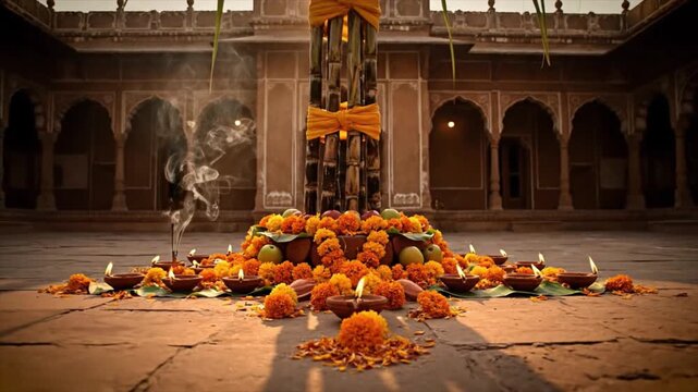 Vibrant Chhath Puja celebration in India with traditional offerings and illuminated lamps creating a serene spiritual ambiance
