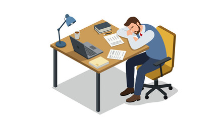Tired office worker sleeping at desk in isometric style