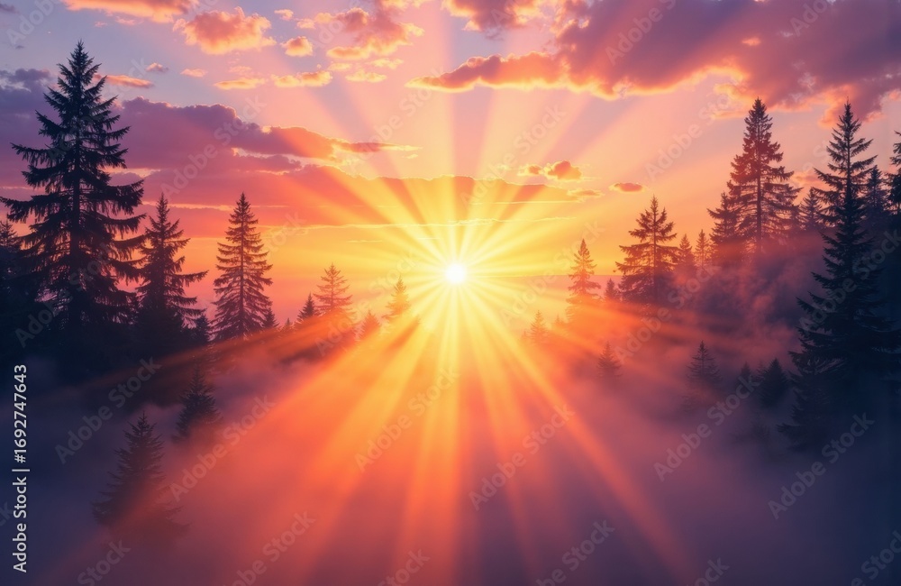 Poster sunrise over a forest with rays of sunlight breaking through clouds and trees