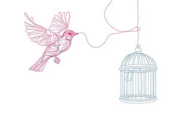 Continuous line drawing of bird flying away from open cage, symbolizing freedom and liberation