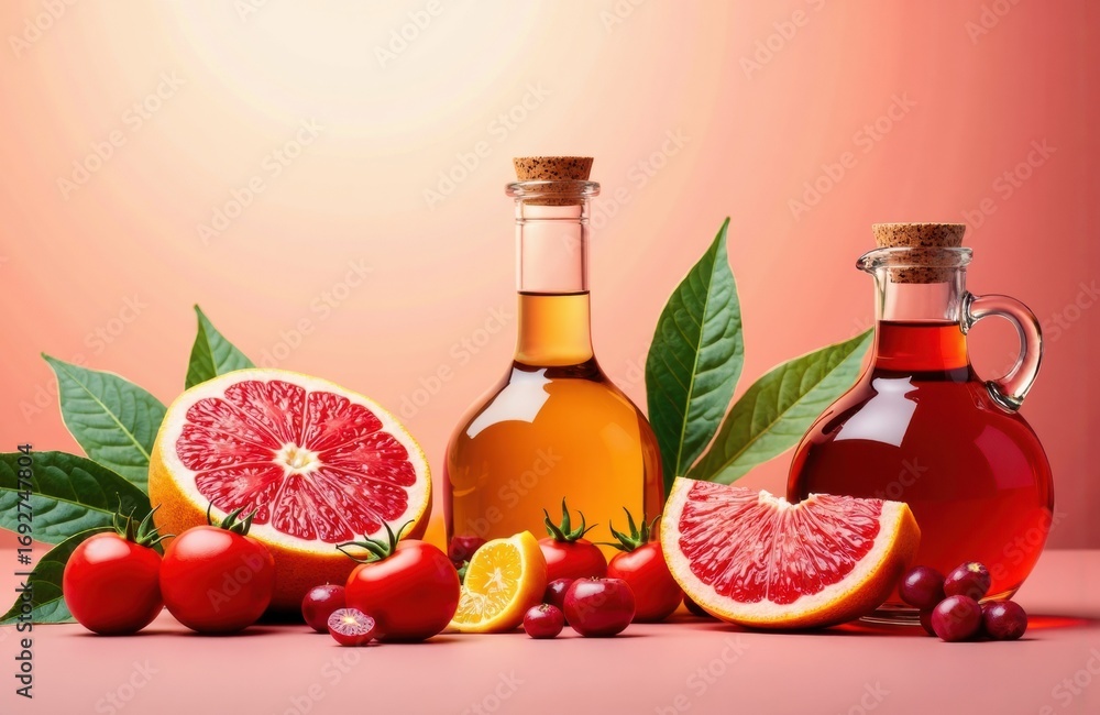 Poster fresh grapefruit slices and cherry tomatoes with bottles of juice on a soft pink background