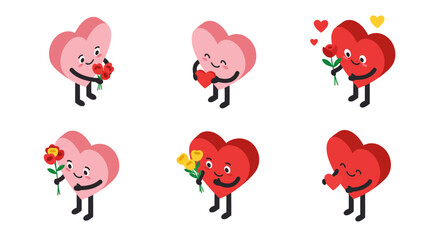 Cute isometric heart characters with flowers and joyful expressions