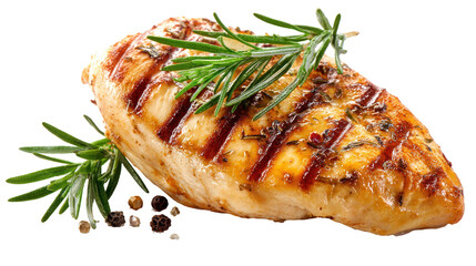 Grilled chicken breast with rosemary pepper and grill marks on transparent background