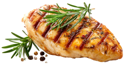 Grilled chicken breast with rosemary pepper and grill marks on transparent background