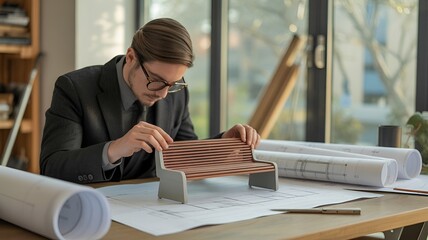 An architect carefully examining a bench model, showcasing his professional expertise and design skills.