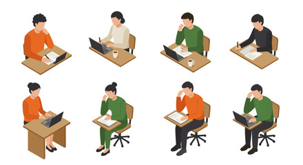 Diverse workplace scenarios with people at desks engaged in various tasks