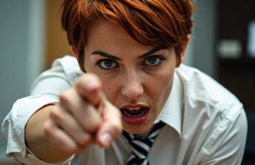 Woman with short red hair pointing aggressively at the camera in a confrontational manner