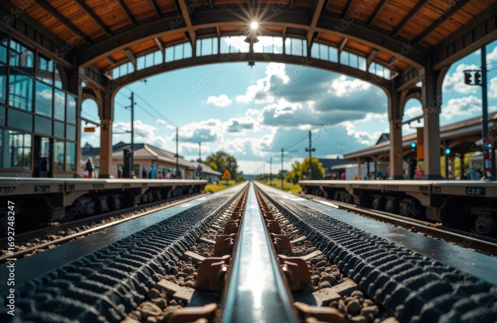 Poster train station platform with railway tracks extending into the distance under a bright sky