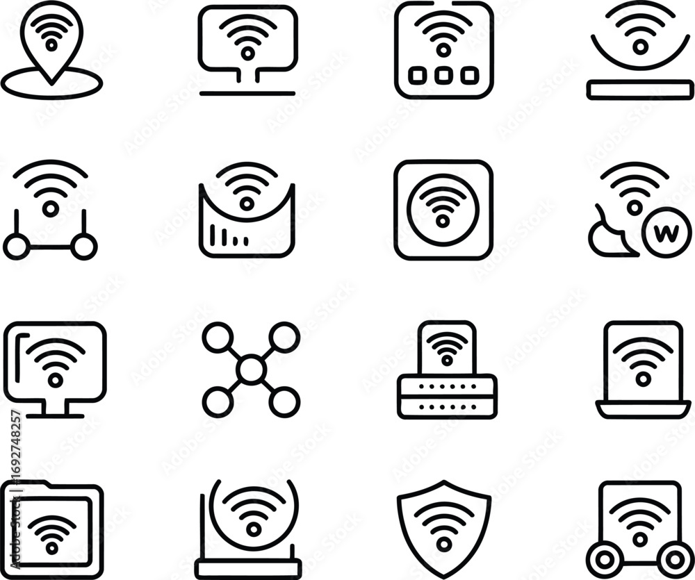 Poster set of modern wireless connection and wifi technology icons depicting connectivity networks and sign