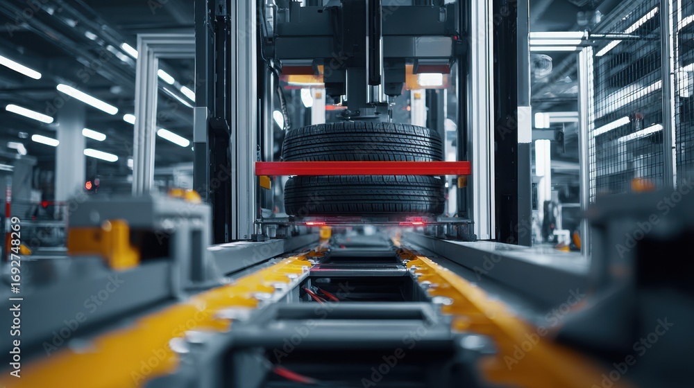 Poster medium shot of an automated vehicle lift system operating smoothly with the machinery sharply focuse