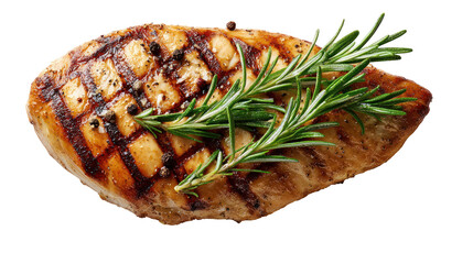 Grilled chicken breast with rosemary pepper and grill marks on transparent background