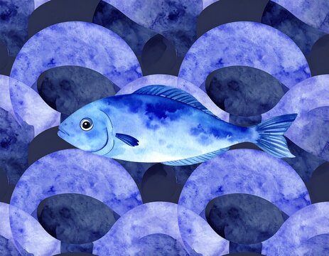 Watercolor fish in a blue wave pattern