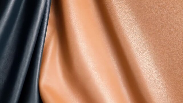 Close-up view of two different faux leather textures, one navy blue and one light brown, showcasing their unique surface patterns and folds.