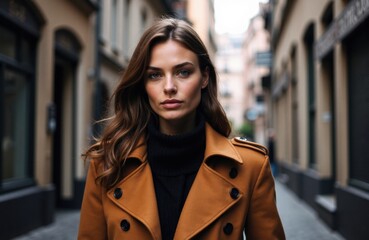 Obraz premium Woman with long brown hair and serious expression standing on city street in autumn coat