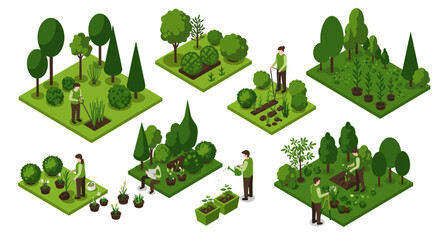 Isometric gardening scenes with people planting, watering, and cultivating green spaces
