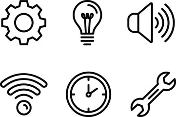 Assorted Basic Iconography Featuring Settings, Light Bulb, Sound, Wifi, Clock, and Wrench for Various Technical and Configuration Purposes in Simple Outline Style