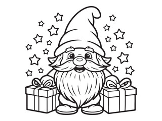 Jolly Christmas Gnome with Gifts and Stars in a Fun Holiday Drawing.