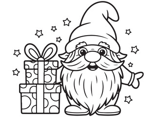 Cheerful Gnome with a Big Beard and Presents in a Winter Holiday Scene.