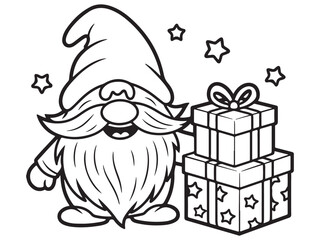 Line-art illustration of a cheerful Christmas gnome with a big beard and a gift box, surrounded by stars, creating a festive holiday scene.