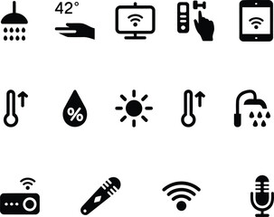 Diverse Smart Home Control and Environmental Condition Icons Representing Connectivity, Climate, and Automated Functions for Modern Living Spaces