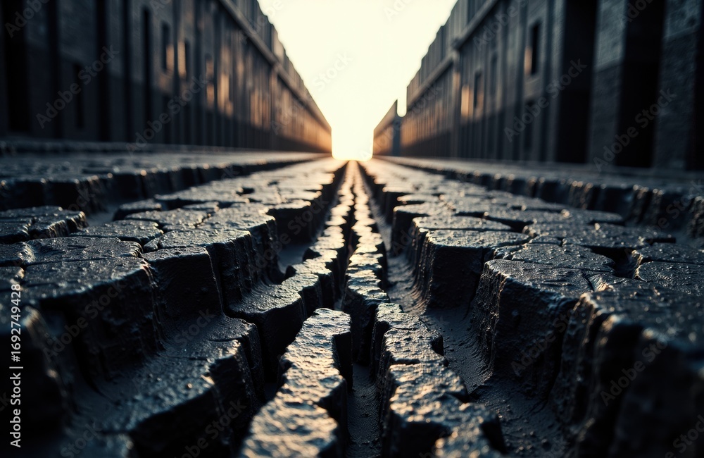 Poster a close-up view of railway tracks leading towards a bright horizon in an urban setting