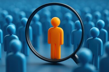 Individuality under scrutiny: A close-up depicts a solitary individual figure highlighted within a crowd of people, viewed through the lens of a magnifying glass.