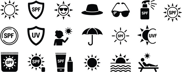 SPF and sun protection icon set for skincare, UV defense, sunscreen, beach safety, summer travel, outdoor care, health