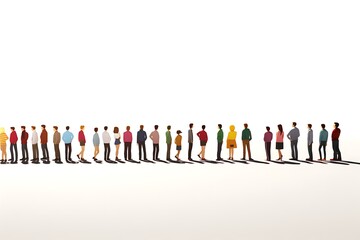 Diverse group of people standing in a long queue against a minimalistic white background
