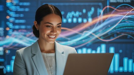 A female professional in a business suit smiles while working on a laptop computer.