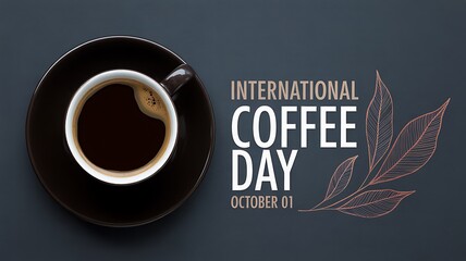 International coffee day october 1st with a cup of coffee and decorative leaf