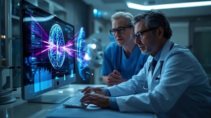 Doctors Examining Brain Scan on Computer, Medical Technology and Research - Powered by Adobe