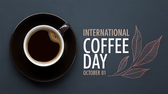 International coffee day october 1st with a cup of coffee and decorative leaf