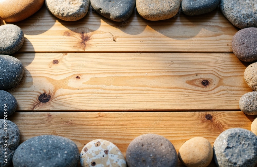 Poster empty wooden surface surrounded by smooth stones creating a natural frame with space for text or des