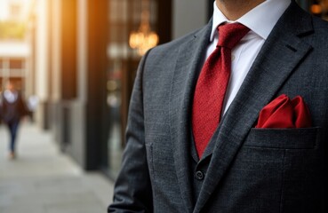A man dressed in a formal dark gray suit with a red tie and matching pocket square