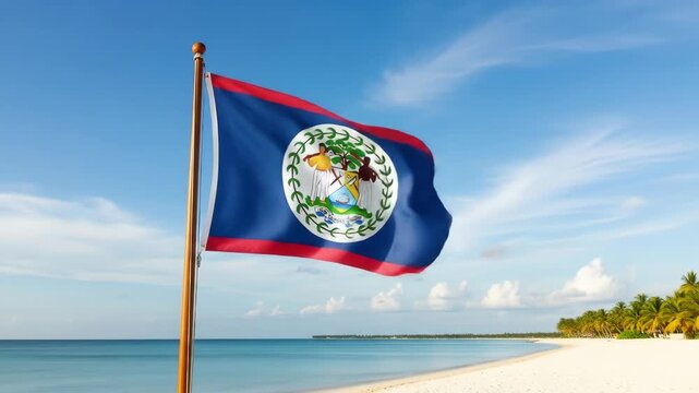 belize flag with coat of arms waving on pristine sandy beach with turquoise sea and clear blue sky. symbol of pride and tropical paradise. travel, tourism, cultural concept, geography. national day