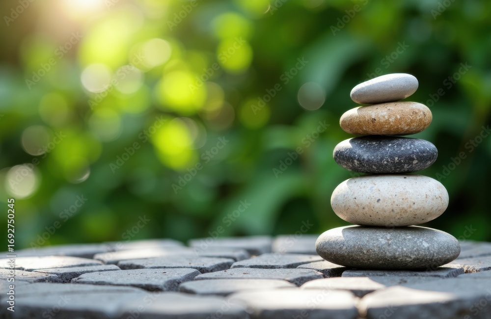 Poster balanced stack of smooth stones on a textured surface with lush green background
