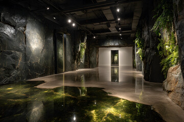 stone corridor with glowing moss and polished floor
