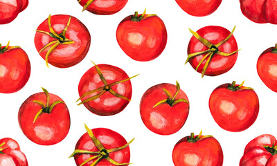 Watercolor tomatoes seamless pattern. Fall harvest background with different vegetables of wrapper, packaging, farm market banner